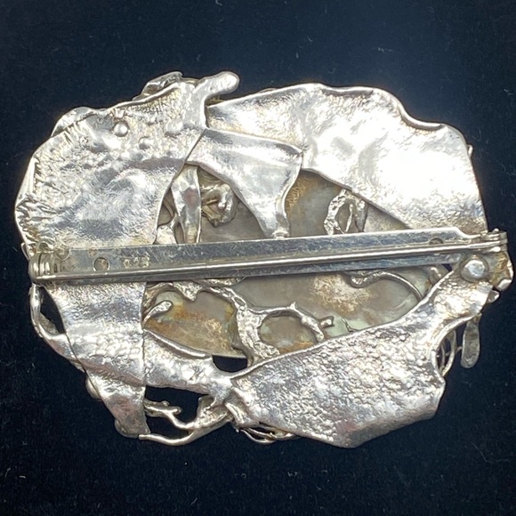 Antique 925 Sterling Silver brooch W/Mother Of Pearl And Amber - Picture 11 of 13